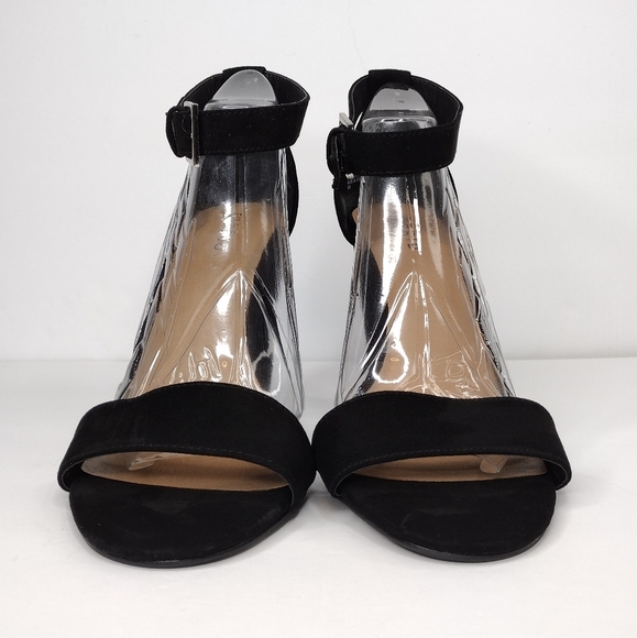 Torrid Women's Black Suede Leather Two Strap Tapered Open Toe Chunky Heel - Picture 4 of 16